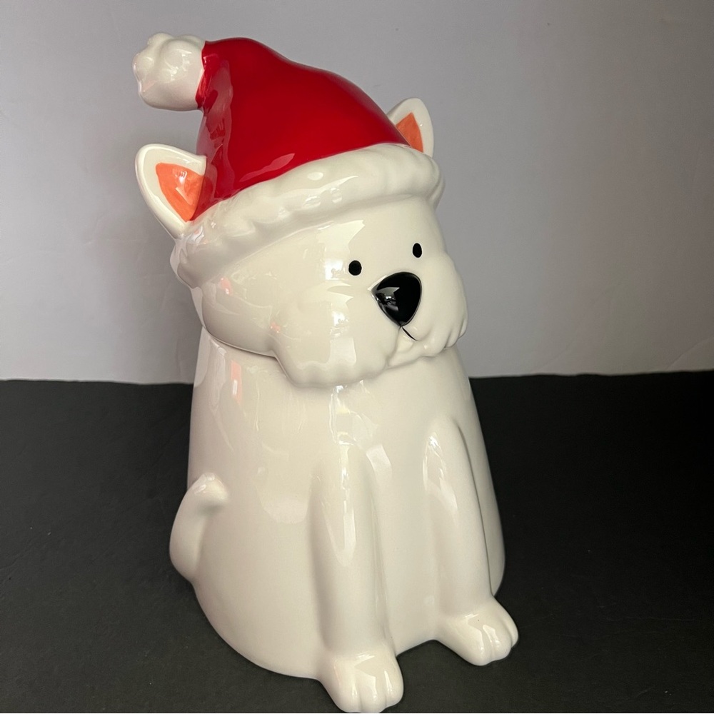 Pier 1 White Dog Cookie Jar with Red Santa Hat